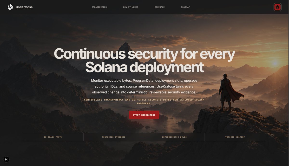 UseKratose's tweet photo. Certificate transparency and Git-style security diffs for deployed @solana programs.

Not another one-time audit.
Continuous deployment security for Solana.⏳

Cooking🔥🔥🔥🔥 https://t.co/55UAi6lGpl