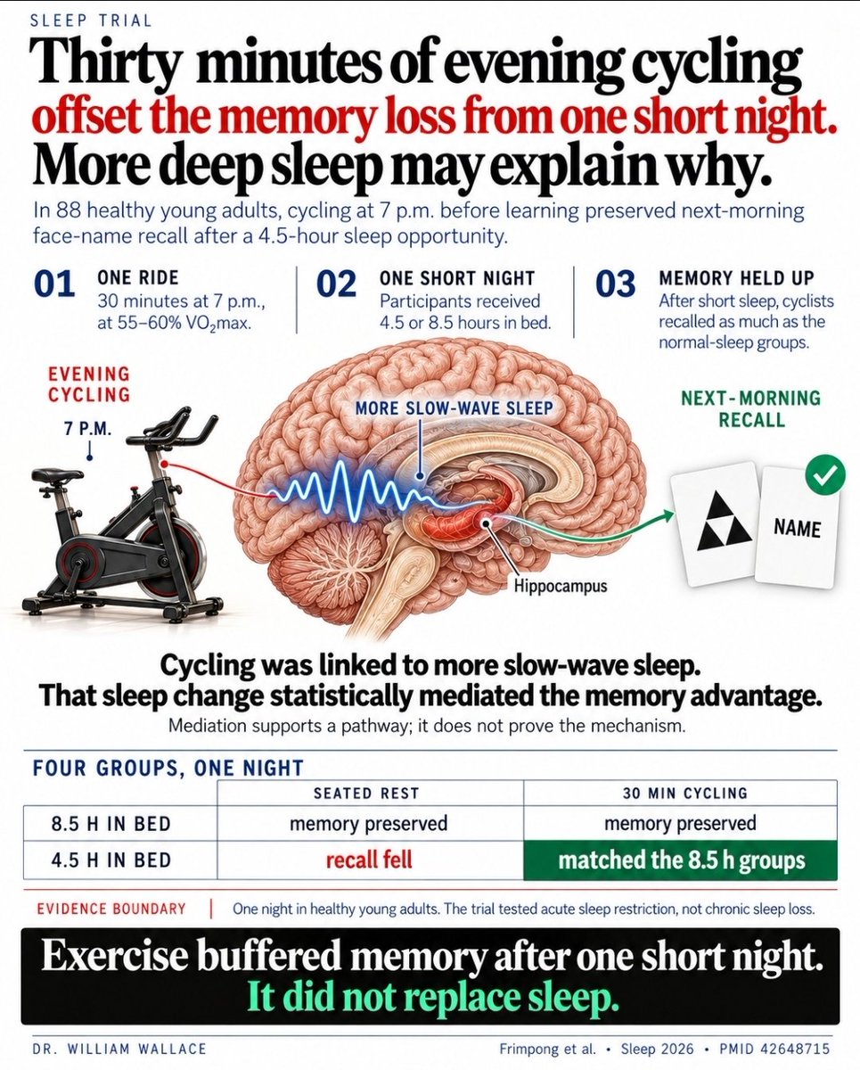 WilliamWallace's tweet photo. Thirty minutes of evening cycling helped protect memory after a short night of sleep.

In this trial, 88 healthy young adults either cycled moderately for 30 minutes at 7 p.m. or remained seated. They later learned 80 face-name pairs before receiving either an 8.5-hour or 4.5-hour sleep opportunity.

After the shortened night, participants who had cycled recalled more than those who had rested. Their performance was comparable to the groups given 8.5 hours in bed.

The model suggested that slow-wave sleep helped account for the memory advantage. In plain language, cycling may have changed the structure of sleep in a way that helped preserve recall.

 Statistical mediation supports that pathway, but it does not prove the mechanism.

This was one night in healthy young adults. Exercise may buffer some effects of acute sleep restriction, but it does not replace sufficient sleep.