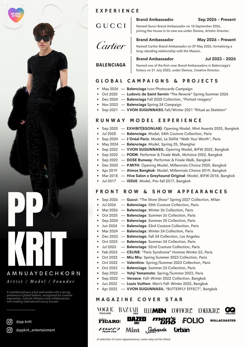 ppkritstyle's tweet photo. PP KRIT — FASHION RÉSUMÉ ⭐️

เปิดเส้นทางแฟชั่��ของ พีพี-กฤษฏ์ @PPKritt จาก runway model, แขก front rows, global campaigns สู่ตำแหน่ง brand ambassador แห่ง @Gucci และ @Cartier สองแบรนด์ luxury ใหญ่ของโลก

#ppkritt #ppkritstyle https://t.co/5D4MUsjM3F