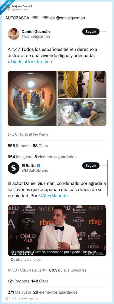 AlvaroMendoc's tweet photo. @danielguzman Cuéntanos más, Daniel!

Cuéntanos cómo te cubres tú de gloria protegiendo la patria y la bandera, y al ciudadano al que apaleas por ocupar tu casa!
BASURA. https://t.co/yGlVZH213w