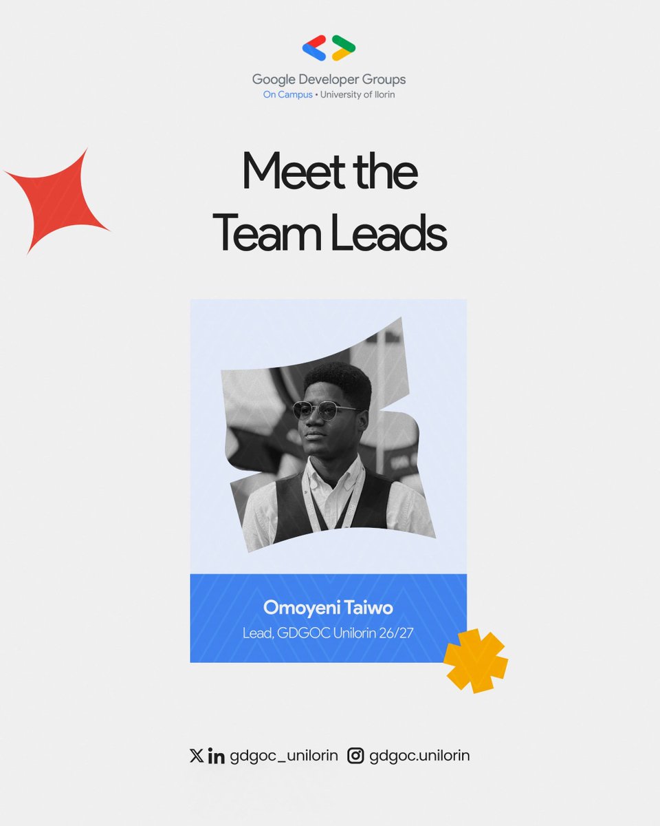 gdgoc_unilorin's tweet photo. Meet Omoyeni Taiwo, our Lead for GDGoC Unilorin, 26/27 session!🥳

He's at the helm of it all, steering the vision, the strategy, and the community that makes GDGoC Unilorin what it is this session.🤭

With clear direction and a big vision, we're excited to have him leading this. https://t.co/7V6WUIQrll