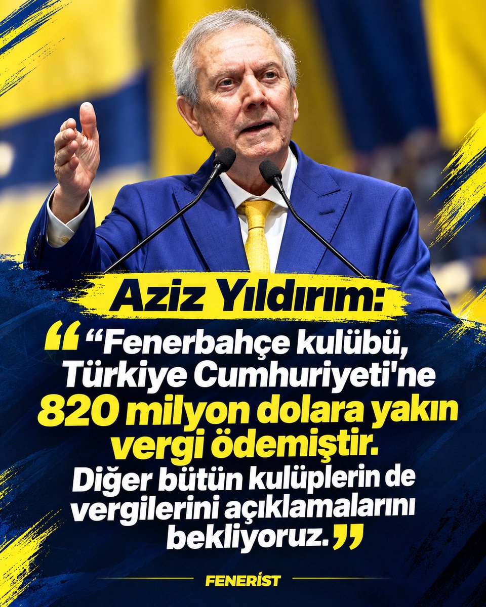 Feneristcom's tweet photo. Aziz Yıldırım: "Fenerbahçe kulübü, Türkiye Cumhuriyeti'ne 820 milyon dolara yakın vergi ödemiştir. Diğer bütün kulüplerin de vergilerini açıklamalarını bekliyoruz." https://t.co/VlgwsaAcoV