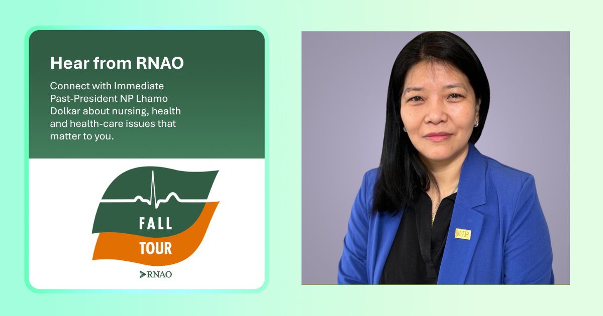 RNAO's tweet photo. 📢Share your nursing stories with RNAO President @SueLeBeau1, Immediate Past-President @LhamoDolkar2023 and CEO @DorisGrinspun at RNAO's #FallTour.

WHEN: Sept. 28 to Oct. 8, 2026.

Register now: https://t.co/m1QXHFZqtE https://t.co/tuLg8mUtLv