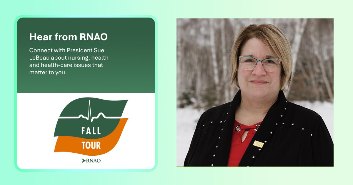 RNAO's tweet photo. 📢Share your nursing stories with RNAO President @SueLeBeau1, Immediate Past-President @LhamoDolkar2023 and CEO @DorisGrinspun at RNAO's #FallTour.

WHEN: Sept. 28 to Oct. 8, 2026.

Register now: https://t.co/m1QXHFZqtE https://t.co/tuLg8mUtLv