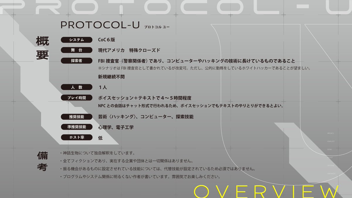 hachinana6_str's tweet photo. CoC6版
PROTOCOL-U
【プロトコルユー】

FBI捜査官×ハッキング×クローズド

=======================

10/11 COMIC CITY SPARK 21
Roll of Cthulhu SP2026
西１シ56b「はちななろくストア」にて頒布予定です。よろしくお願いします！ https://t.co/AsLtDuF088