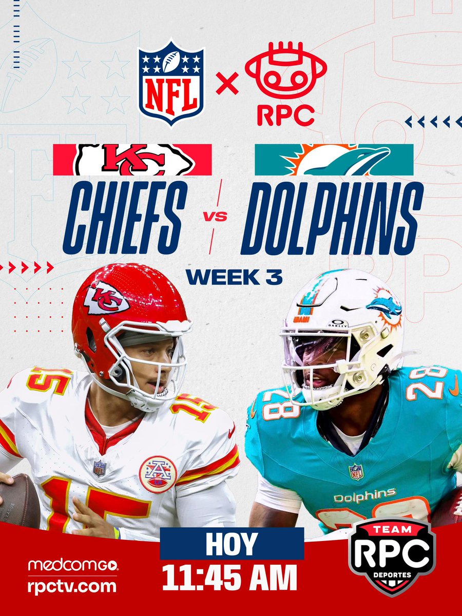 deportes_rpc's tweet photo. ¡HOY, HOY 🏈🔥 !

Los Kansas City Chiefs se enfrentan a los Miami Dolphins en la #NFLxRPC .

📺 Sintoniza desde las 11:45 A.M. por la señal de RPC. 

#NFL https://t.co/EC9lzo5JaO