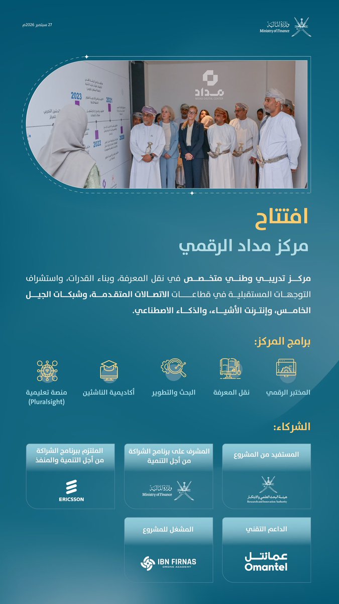 OMAN_MOF's tweet photo. افتتاح مركز مداد الرقمي بمجمع الابتكار مسقط التابع لهيئة البحث العلمي والابتكار.
ويعد المركز أحد المشاريع التي تشرف عليها #وزارة_المالية_العمانية من خلال برنامج الشراكة من أجل التنمية (الأوفست).