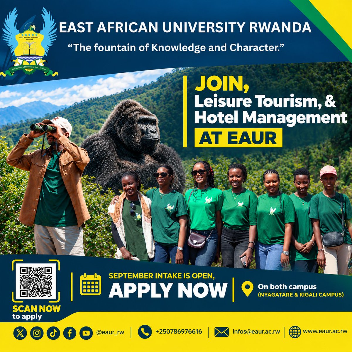 eaur_rw's tweet photo. 🌍 Happy World Tourism Day! 
Turn your passion for travel, hospitality &amp; adventure into a career with EAUR in Leisure Tourism &amp; Hotel Management.

𝐒𝐞𝐩𝐭𝐞𝐦𝐛𝐞𝐫 𝐈𝐧𝐭𝐚𝐤𝐞 𝐢𝐬 #𝐎𝐏𝐄𝐍 #𝐀𝐩𝐩𝐥𝐲 𝐍𝐨𝐰!

#HappyWorldTourismDay https://t.co/7V3OKJ5mlV