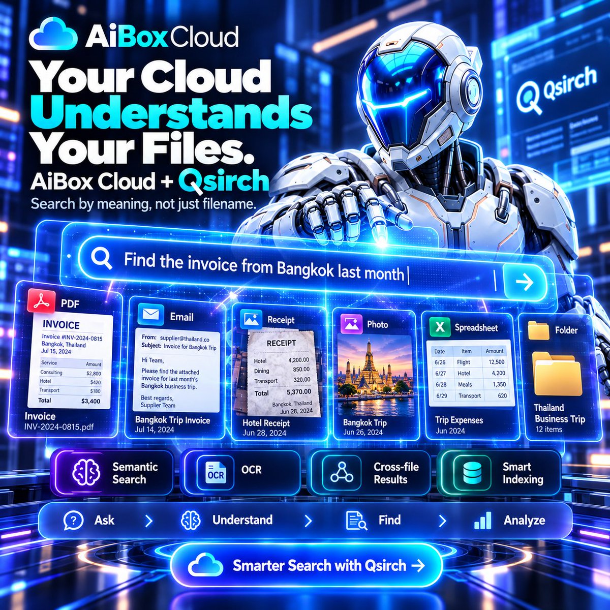 aiboxtoken's tweet photo. Your cloud shouldn’t just store files. It should understand them.
With AiBox Cloud + Qsirch, finding information becomes faster, smarter, and more intuitive.
Instead of digging through folders or trying to remember exact filenames, you can search by meaning, context, content, or keywords.
Need to find an old invoice?
A Bangkok trip receipt?
A photo from a specific event?
A document buried somewhere in your storage?
Just search naturally.
With AiBox Cloud + Qsirch, you can:
✅ Search photos, videos, documents, emails, and more
✅ Use AI-powered semantic search
✅ Find text inside scanned documents with OCR
✅ Discover related files across different formats
✅ Search by meaning, not just filename
✅ Turn your private cloud into a smarter data workspace
✅ Start with 15GB Free
Ask. Understand. Find. Analyze.
This is more than cloud storage.
This is intelligent cloud storage.
Start your AiBox Cloud Free Plan today — 15GB Free.
AiBox Cloud + Qsirch
Store smarter. Search smarter. Work faster.
#AiBoxCloud #Qsirch #QNAP #AISearch #SemanticSearch #SmartCloud #PrivateCloud #NAS #CloudStorage #AIWorkspace #FileSearch #15GBFree
