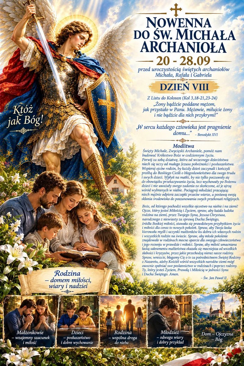 SzczecinaZe's tweet photo. 27.09.2026
🔔DZIEŃ VIII
Nowenna do św. Michała Archanioła 20 - 28.09 przed uroczystością świętych archaniołów Michała, Rafała i Gabriela.
Święty Michale obrońco dusz sprawiedliwych, módl się za nami!
#Litania #śwMichałArchanioł #KtóżJakBóg https://t.co/2P4PzMaWNI