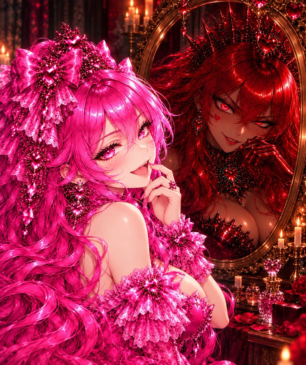 Latex_AI_Chouya's tweet photo. 〜🩷どっちが本当？❤️〜
町を守る正義の味方。
それが、私。

でも鏡に映るのは、自分に似た艶やかで妖しい知らない誰か。

正義も邪悪も、愛も性も。

本当は、どっち？

#AIイラスト #AIart #悪堕ち #latex  #オリジナル #変身 #鏡 https://t.co/4Or3OilapH