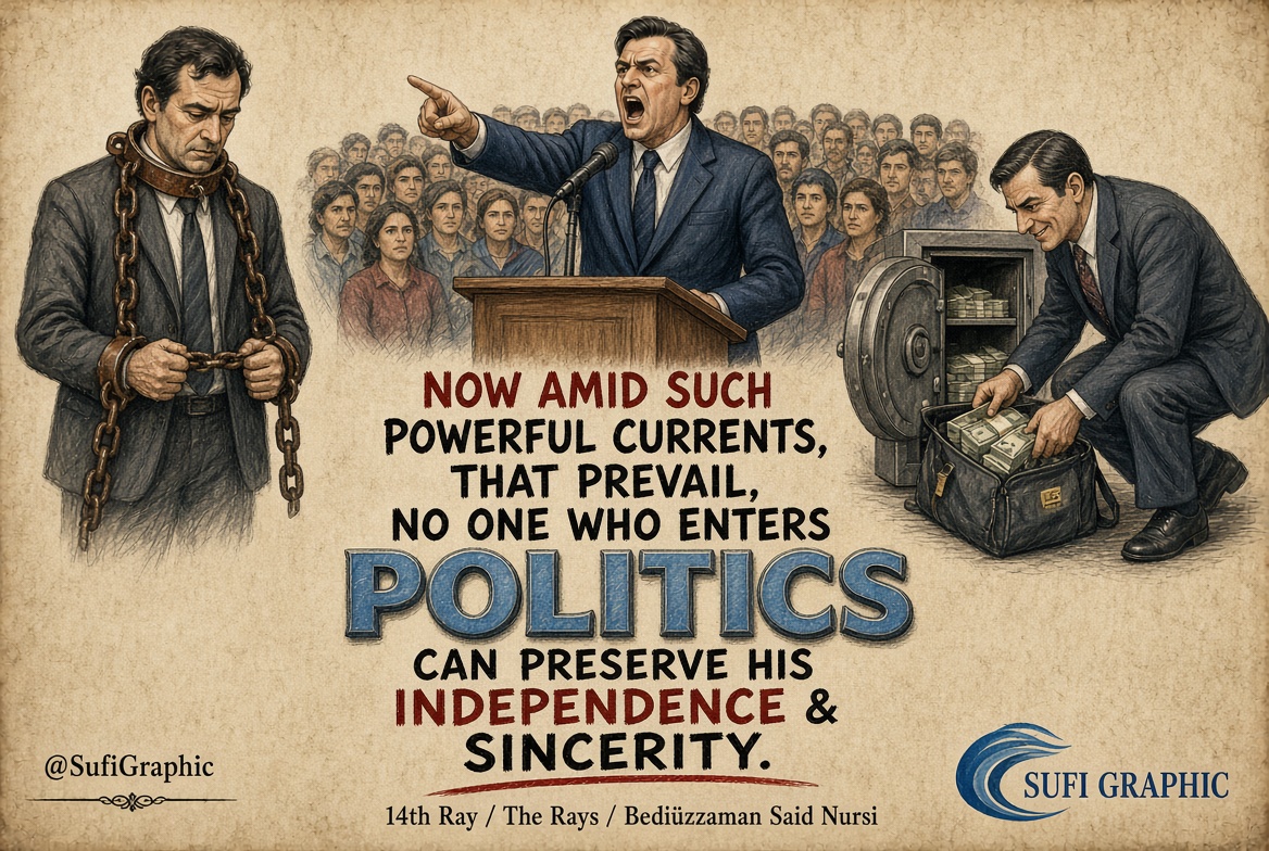 SufiGraphic's tweet photo. #Cause #Ideology #Religion #Faith #Politics #Office #Money #Ambition #SezaiKarakoรง #Bediรผzzaman #SelfInterest #Advantage #World #Sincerity #Independence #Freedom POLITICS / IDEOLOGY and RELIGION
โNone of the men who set out to earn money for the CAUSE ever returned home.โ / Sezai Karakoรง
===========================
Regarding the CAUSE / IDEOLOGY and RELIGION: It is not only those who went solely to earn money who failed to return homeโor could not return, or will not return (with very few exceptions)โbut also many of those who went to secure positions of power, believing they would serve through politics and partisanship; they, too, did not return. One can consult Google or AI regarding the Quranic verses that speak of โthe multitudeโ or โthe many.โ There are indeed numerous verses that offer warnings on this subject.