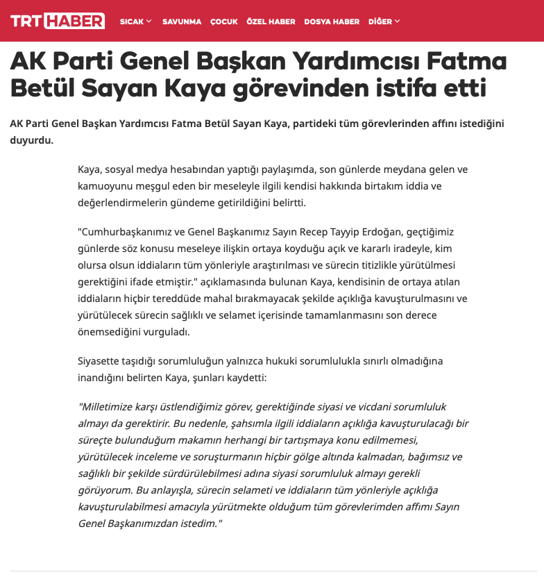 inandemirel's tweet photo. TRT Haber'e göre Fatma Betül Sayan Kaya "Son günlerde meydana gelen ve kamuoyunu meşgul eden bir mesele nedeniyle" istifa etmiş. https://t.co/bdji74VZuy