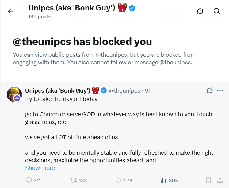 KyleDeWriter's tweet photo. Just found out that @theunipcs has blocked me

This probably happened after that tweet exposing FOMO app leaderboards, cabal launches, etc.

Man I was just reviewing the recent CT rumors about your million dollar frauds

I still want to read how underpriced $USELESS is, please unblock