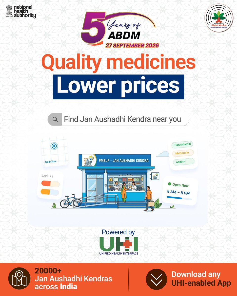 AyushmanNHA's tweet photo. #5YearsOfABDM
🇮🇳 One digital interface. A world of health services.
As #ABDM completes 5 years, Unified Health Interface #UHI is enabling interoperable access to a range of digital health services—from finding facilities & medicines to discovering other health services. https://t.co/9pgfbnX0Nu