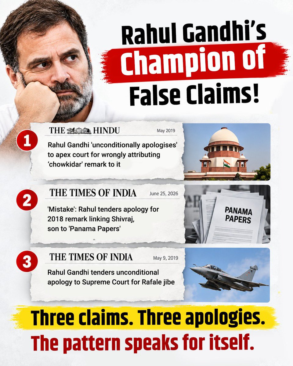 YKhemchandSingh's tweet photo. Rafale → Spread rumours → Apologised
* “Chowkidar Chor Hai” → Spread rumours → Apologised
* “Vote Chori” + SIR → Spread rumours → Apology loading… ⏳

#MaafiMaangoRahul https://t.co/hq3mwiQSSZ