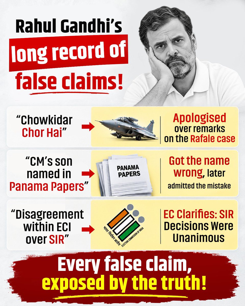 YKhemchandSingh's tweet photo. Rafale → Spread rumours → Apologised
* “Chowkidar Chor Hai” → Spread rumours → Apologised
* “Vote Chori” + SIR → Spread rumours → Apology loading… ⏳

#MaafiMaangoRahul https://t.co/hq3mwiQSSZ