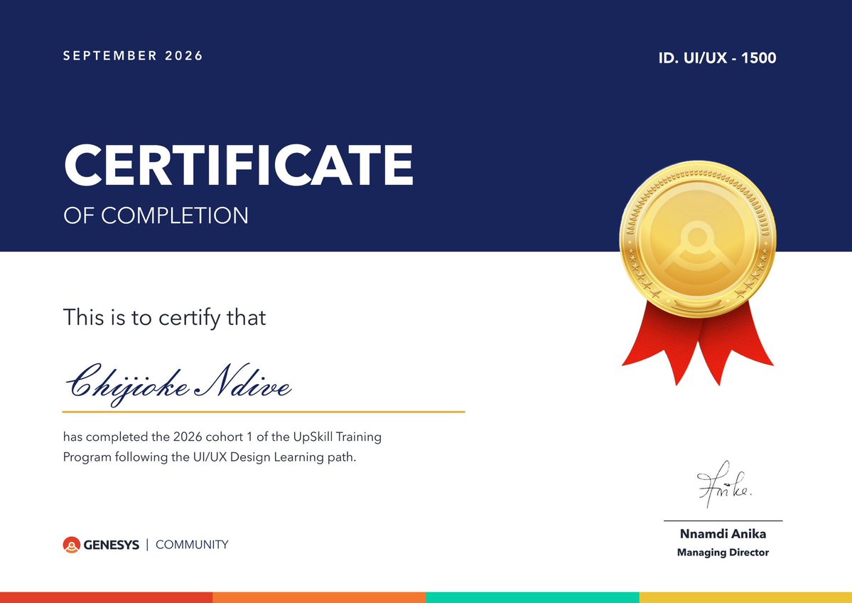 TobitNdive's tweet photo. Another milestone unlocked 🎓

Completed the UpSkill Training Program in UI/UX Design. Grateful for the learning, growth, and experience. On to the next! 🚀

#UIUX #ProductDesign #Upskill https://t.co/hkrRDcZ0un