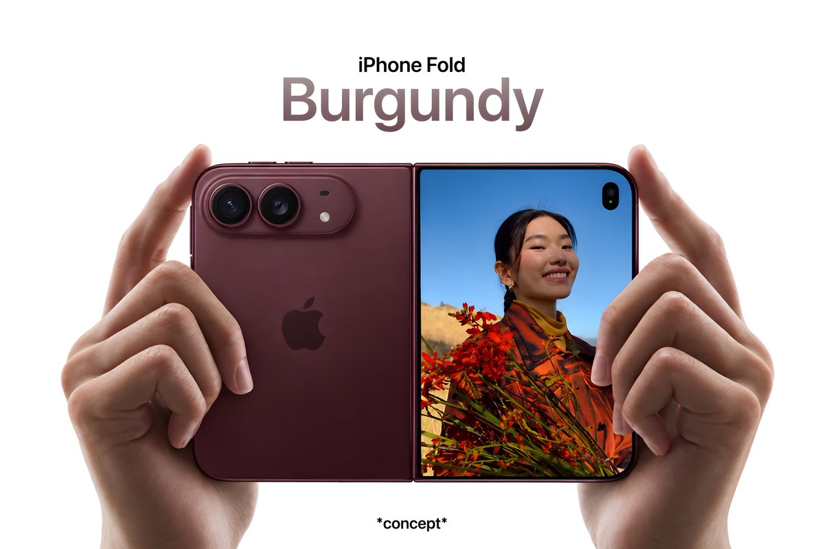 iYAHN_Tech's tweet photo. iPhone Fold Burgundy *Concept* by me! 

This is so insane!🤤 https://t.co/vXKZgyzUpE