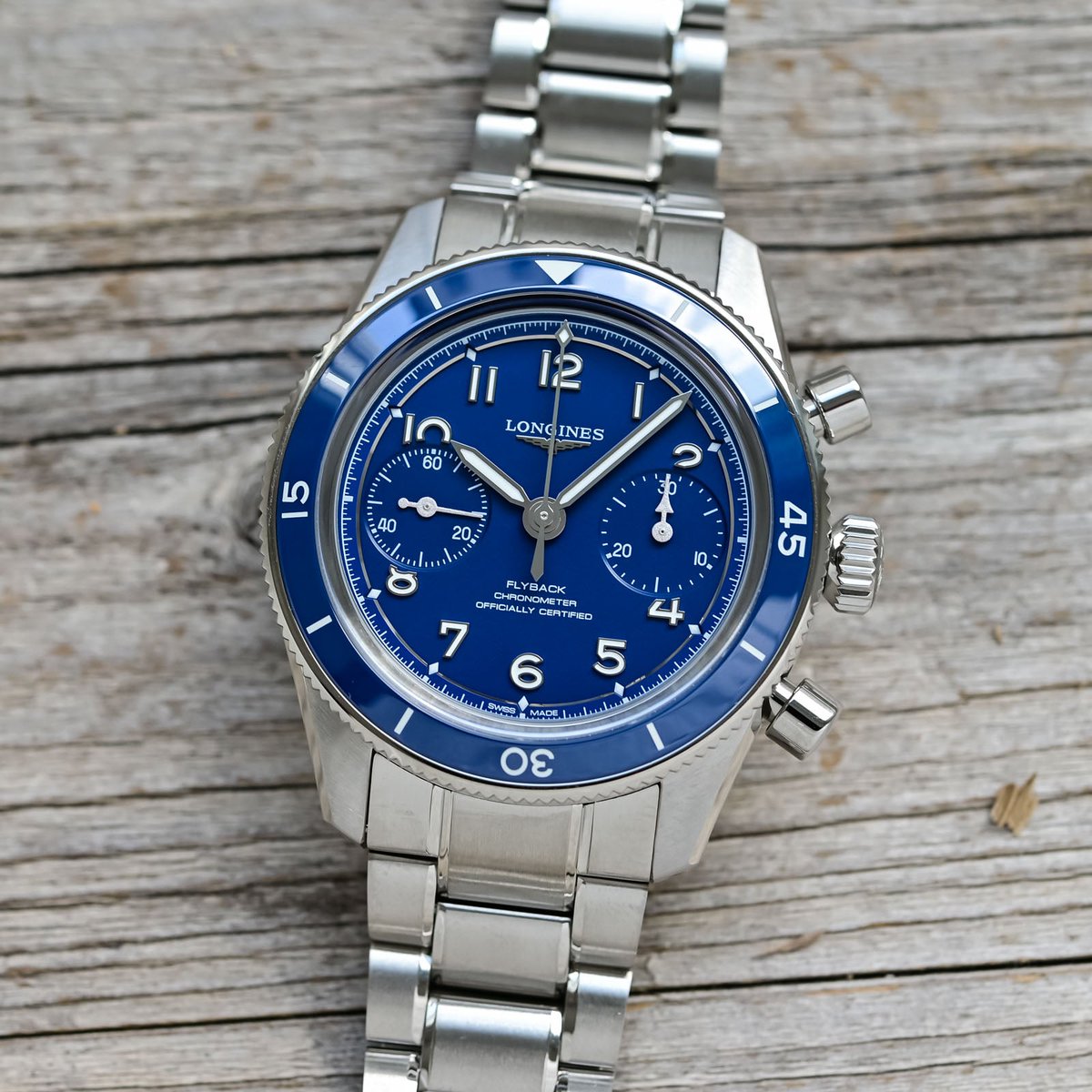 BEYODTHEDIAL's tweet photo. Matte sky blue on a pilot watch is usually a marketing mood board. Longines actually made the Spirit Pilot / Flyback dials look like something you’d read at dawn, not a render.

Same tool grammar, quieter color. The move isn’t “new blue” — it’s whether the lume and hands still win when the dial stops shouting.

(Live / press images — not ours.)