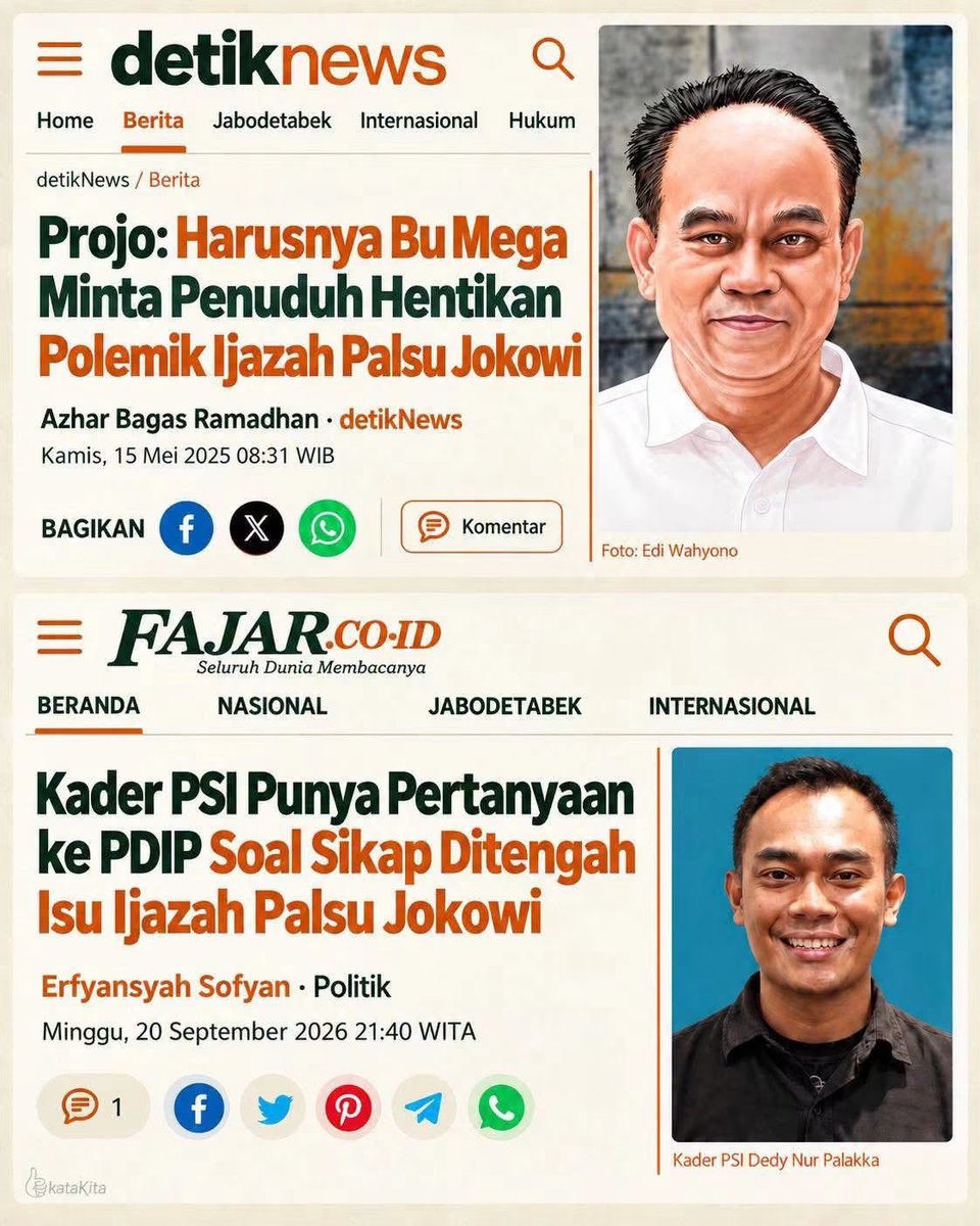 KakekHalal's tweet photo. Ibu Megawati sudah pernah kasih masukan, kalau ijazahnya memang ada tinggal tunjukkan. 

Sederhana, selesai & tuntas. 

Terkait verifikasi dokumen pribadi menjadi anggota & kader di partai mana pun itu bukan tanggung jawab partai yang bersangkutan. 

Undang-undangnya memang mengatur seperti itu. Kalau syarat utama mendaftarkan diri menjadi anggota partai minimal berusia 17 tahun atau sudah menikah serta memiliki KTP. 

Apalagi jumlah kader PDI Perjuangan itu tercatat jumlahnya sangat banyak. 

Jutaan orang terdaftar sebagai anggota PDI Perjuangan. 

Terkait kepatuhan & kejujuran administrasi pribadi bagi kadernya, PDI Perjuangan menyerahkan sepenuhnya ke pihak yang berwenang melakukan verifikasi kesahihannya. 

Bisa KPU RI, Bawaslu RI, hingga Mahkamah Konstitusi.

PDI Perjuangan itu taat hukum. Patuh pada semua aturan konstitusi terhadap pencalonan kandidat. 

Buktinya : Pada Pilkada Papua tahun 2024 lalu, dokumen Cawagub yang diusung PDI Perjuangan bermasalah secara administrasi pada dokumen pencalonan. 

PDI Perjuangan awalnya mencalonkan pasangan Benhur Tommy Mano & Yeremias Bisai. 

Pasangan ini sempat dinyatakan menang oleh KPU Papua.

Namun belakangan dokumen Yeremias Bisai dipersoalkan ke MK.

MK memutuskan Pilkada di Papua diulang & Cawagub yang diusung PDI Perjuangan bernama Yeremias Bisai didiskualifikasi.

PDI Perjuangan mematuhi putusan MK. 

Cawagub yang sebelumnya Yeremias Bisai diganti menjadi Constant Karma. 

Pilkada diulang.

Pasangan Benhur Tommy Mano & Constant Karma kalah.

***

Apa pembelajaran yang bisa diambil dari di Pilkada Papua 2024 bahwa sikap PDI Perjuangan terkait polemik dokumen administrasi menyerahkan sepenuhnya pada mekanisme hukum.

Pada kondisi yang sama terkait polemik ijazah Jokowi maupun Gibran, PDI Perjuangan menyerahkan sepenuhnya pada konsitusi, undang-undang serta peraturan yang berlaku.