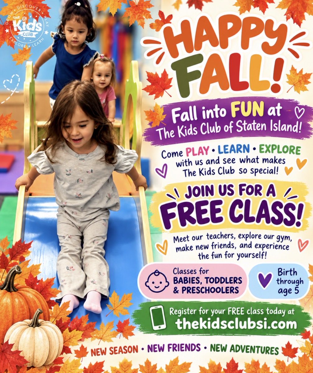 thekidsclubsi's tweet photo. Happy fall! 🍁We have the perfect class to make part of your fall routine.
Check the fall schedule and ENROLL TODAY!
https://t.co/7WoNtNFumI
#playbasedlearning #toddlerclasses #statenisland #babyclasses #playandlearn https://t.co/4qJ5SkKklW