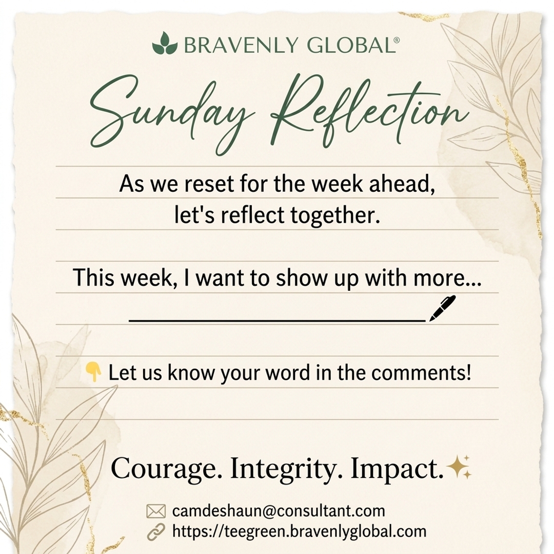 Tee_Green2's tweet photo. Complete this sentence in the comments—this week, I want to show up with more __—and connect at https://t.co/95z2vvh1xH. #SundayReflection #Bravenly #Mindset #Community #IntentionalLiving #Growth https://t.co/0RQWWhekIN