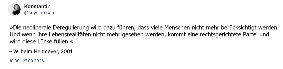NotizBox's tweet photo. Polis · Extremismus · Zitat

Wilhelm Heitmeyer
über Entstehungszusammenhänge rechtsextremer Parteien infolge neoliberaler Deregulierungen https://t.co/O8mxFk0yk3 https://t.co/vc5Tfvw1b5