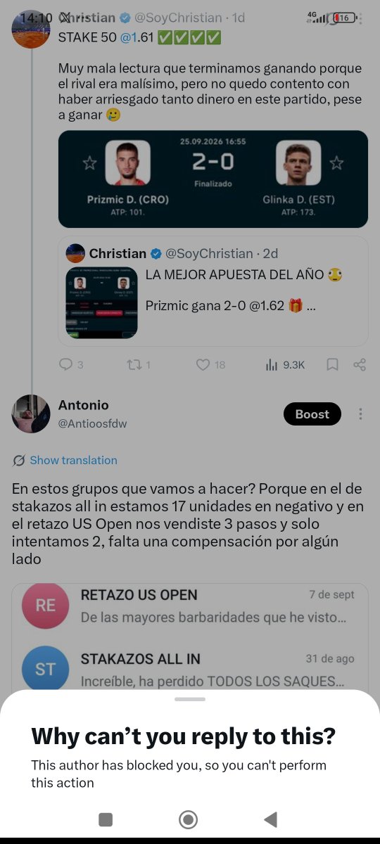 Antioosfdw's tweet photo. @SoyChristian me ha bloqueado por la puta cara por decirle sin ninguna falta de respeto ni nada que se le parezca que hay 2 grupos en los que estamos en negativo, uno de ellos encima sin cumplir con lo que prometió al venderlos, que fueron 3 apuestas durante el USO, y solo dió 2. https://t.co/iTbK7rxoYu