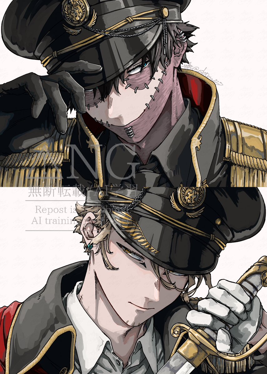 sbtm_227's tweet photo. イラスト集に載せてた描き下ろしのうちの1枚③
ちなみにこれは数年前に描いた軍服荼ホのリメイク版の派生です。Web再録はこれでおしまい。 https://t.co/3g7ITOYvSf