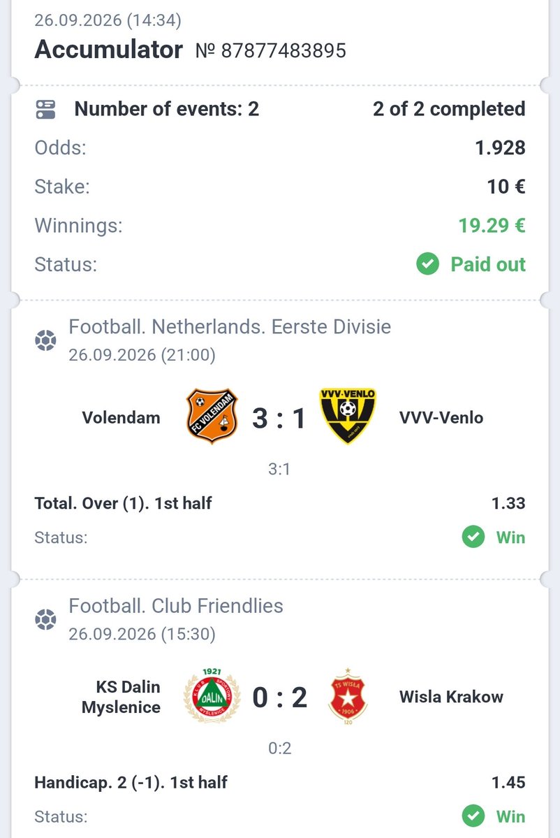 RaimisGold's tweet photo. YESTERDAY'S RESULTS — 26.09.2026 📊

✅ 3 Bets
✅ 3 Wins

💰 Starting Bankroll: €400
📈 Current Bankroll: €519,80

The journey to €10,000 continues! 🚀 https://t.co/vPxhkpPwsk