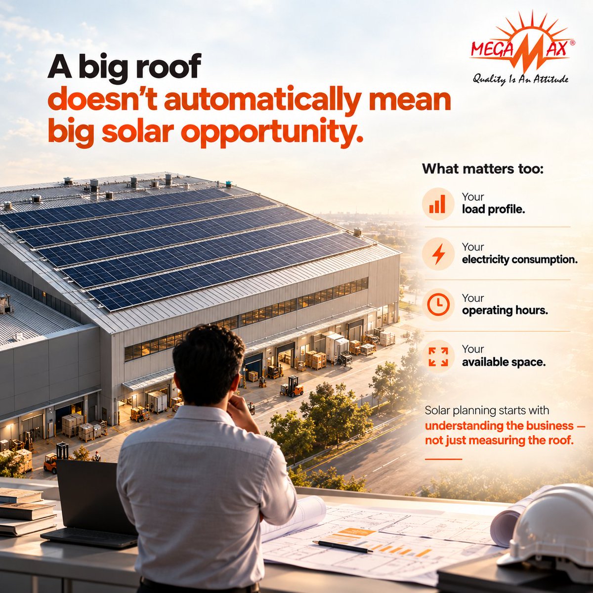 Megamaxsolar's tweet photo. For a large #industrial roof, solar planning isn’t simply about how much space you have.
Your load profile, #electricity #consumption, #operating hours, and available space all play a role in determining the right #solarsystem. https://t.co/qylFtxvhkL