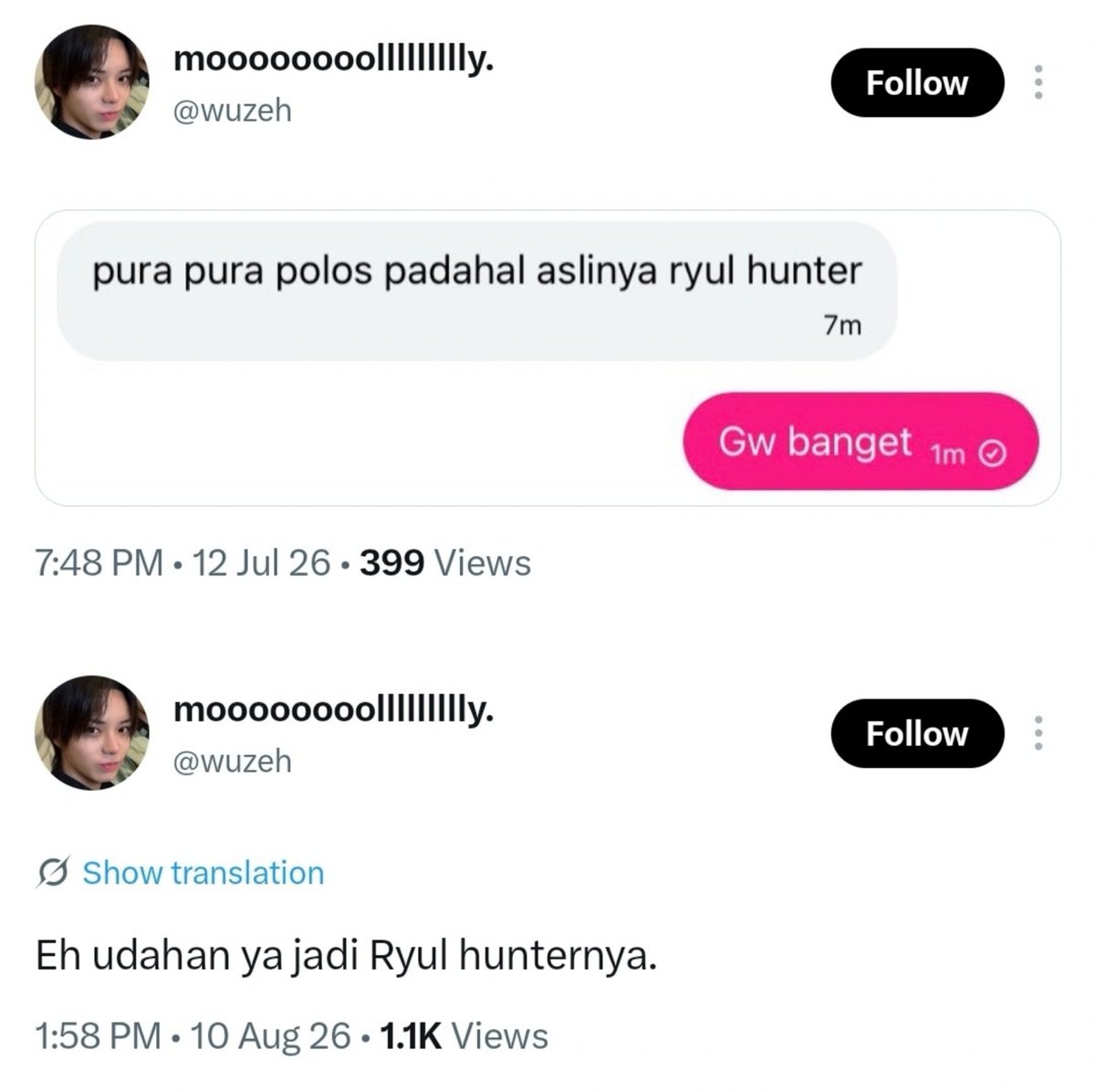 tobikopedia's tweet photo. Login. @Ohyuel @Huram @wuzeh. Sudah waktunya kita lempar ke penonton.

Udahan yuk jadi Ryul hunter? Berhenti jual cerita sedih &amp; ngetwist ke temen-temenmu. Kasian semuanya dibohongin, padahal mereka percaya. https://t.co/cgMcOaYrZp