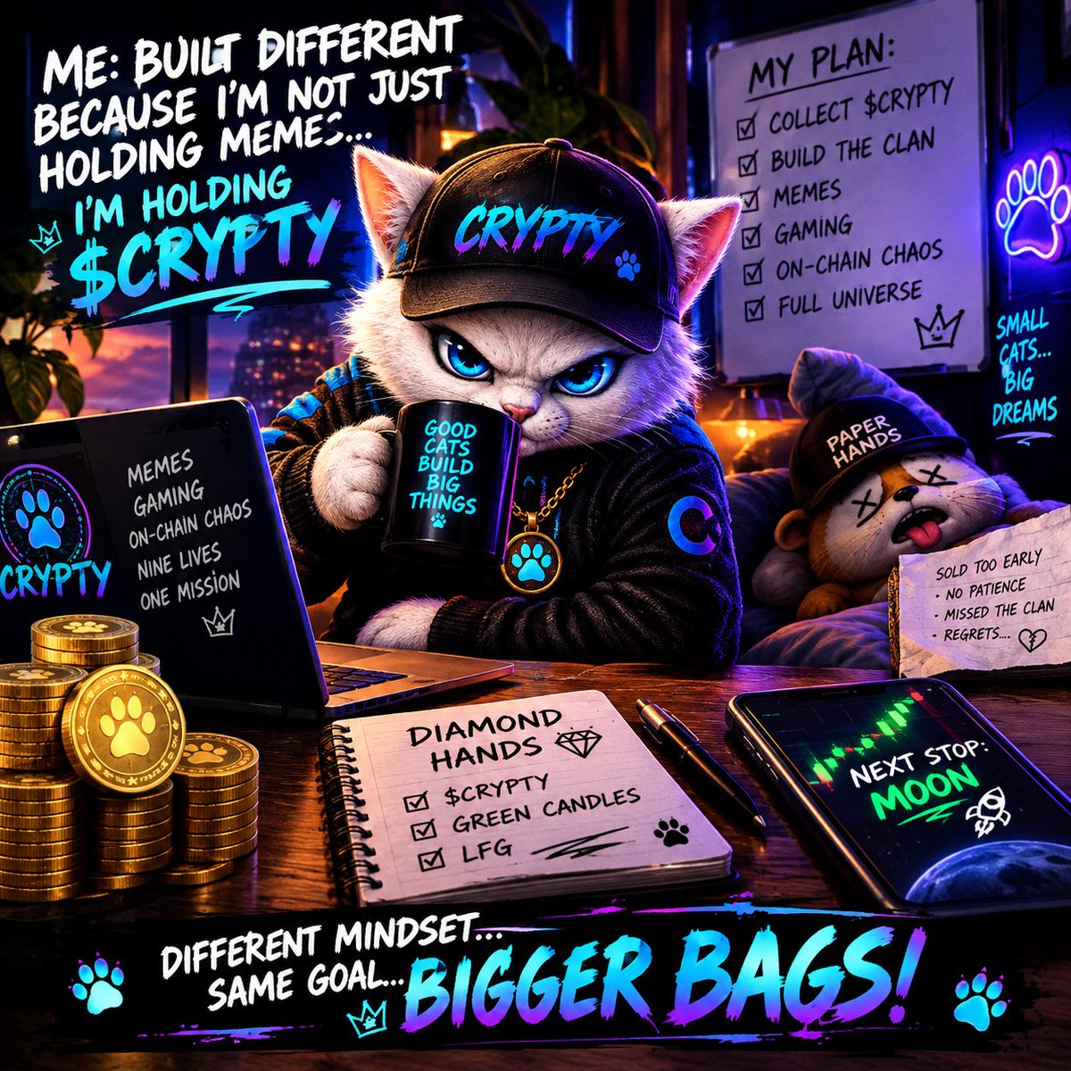 RAVENX4411's tweet photo. They called it “just another meme coin.”

Meanwhile Crypty:
🐾 Building the clan
💎 Diamond hands activated
🎮 Meme. Game. Repeat.
⛓️ On-chain chaos loading…

Nine lives. One mission.
And I’m not here to watch from the sidelines. 😼⚡

$CRYPTY different cat, different game. https://t.co/Cfik00J7Jc