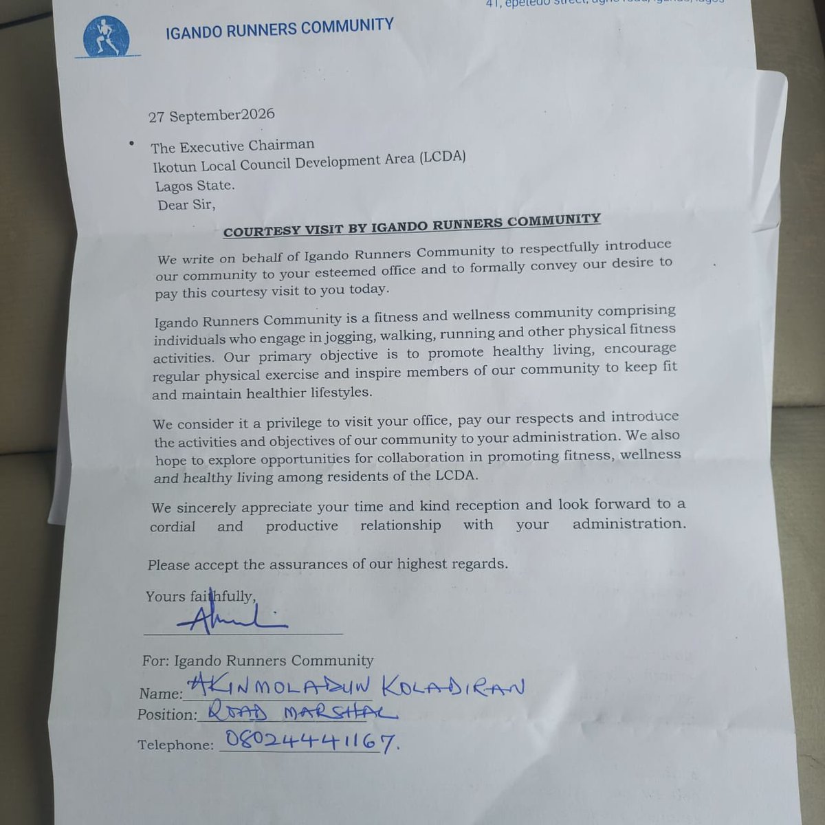 Igandoikotun's tweet photo. Today, Akinsanya Receives Igando Runners Community at His Residence

The Igando Runners Community paid a courtesy visit to the Executive Chairman of Igando-Ikotun LCDA, Snr. Comr. Lasisi Ayinde Akinsanya, at his residence on Sunday, 27th September 2026. https://t.co/jxkL4oLSBf