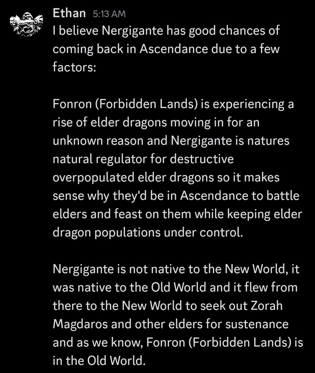 Ethan626794543's tweet photo. I've compiled a list of reasons why Nergigante could and should return in Wilds Ascendance.

For my personal reason, I want Nergigante to return because it could greatly benefit from a visual + hunt retouch like teostra did and its gear would be awesome to mix and match together. https://t.co/RiHD12u5NC