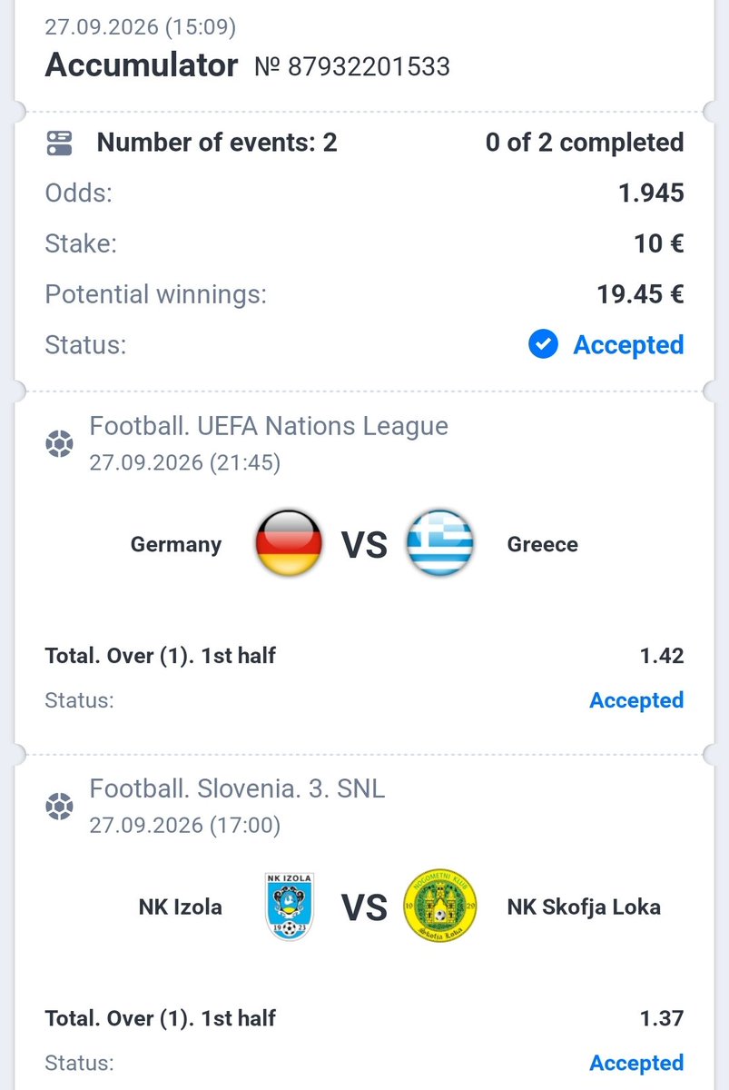 RaimisGold's tweet photo. DAY 26📈

€400 → €10,000 Challenge
BET #53 of the journey 🎯
Odds: 1.945
Stake: €10
#SportsBetting #RoadTo10K #uefanationalleague https://t.co/jq6o1gA0VG
