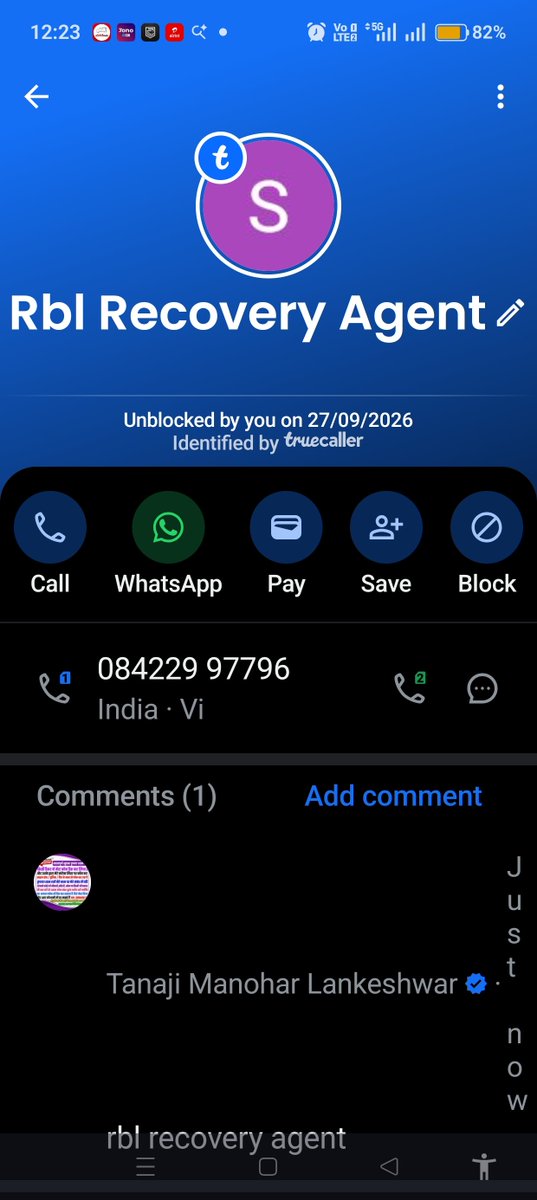 TLankeshwar's tweet photo. @rblbank  KE   card XXXX-2324 par Sunday 27/09/2026 ko subah 10:45 baje number +91 84229 97796 se call aayi, Truecaller par "Rbl Recovery Agent" dikha raha hai. Na naam bataya, na agency, na authority letter — sirf harassment!
Kya RBI guidelines ke under recovery agent ko Sunday ko call karne ki ijazat hai? @RBIsays @RBI, jawab dijiye — pehle se hi mera DND assurance diya gaya tha, phir bhi calls band nahi ho rahi! @rblbank @RBLBankCares
@FinMinIndia @jagograhakjago @ConsumerHelpline @TRAI @DoT_India @PIB_India @India_NHRC @KKV_loanjustice @Settlementguruu @Sohanbhai111 @Yousuf_Haldar @dr_sharma77057 @saynotoloans #RBLBank #RecoveryHarassment #RBIGuidelines
