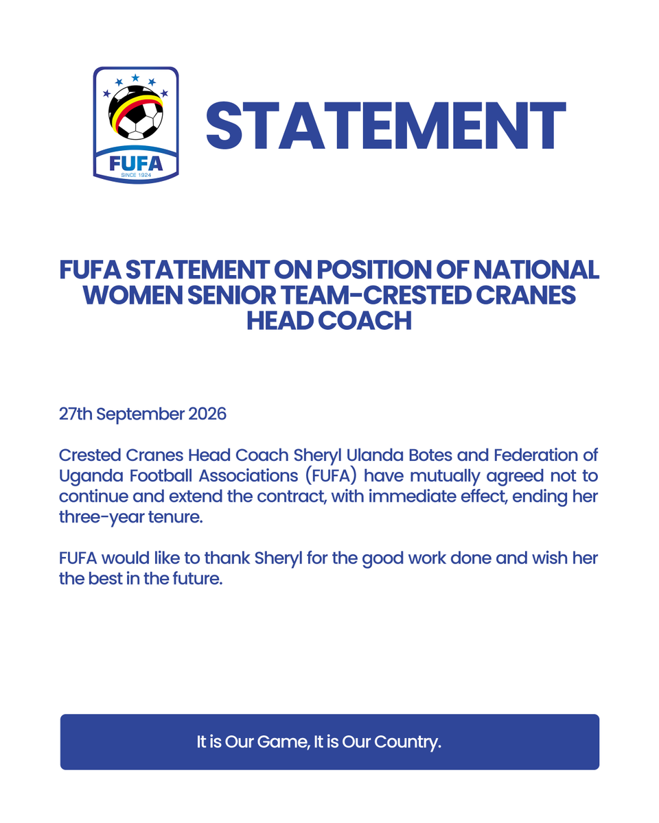 OfficialFUFA's tweet photo. FUFA Statement on Position of National Women Senior Team-Crested Cranes Head Coach

https://t.co/hHyboLBz4s https://t.co/4gs0KyjI82