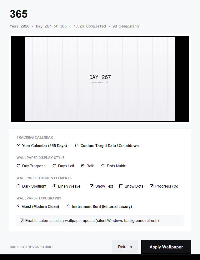 SumantKael's tweet photo. Track the entire year and your goals effortlessly.

I made this small tool that uses 0% CPU &amp; RAM; it runs once a day to update the calculation.

Has both light and dark mode.

I couldn't find any similar tool for Windows, so I built this.

Try it here: https://t.co/89vDouDeBP https://t.co/SwlRadq1Un