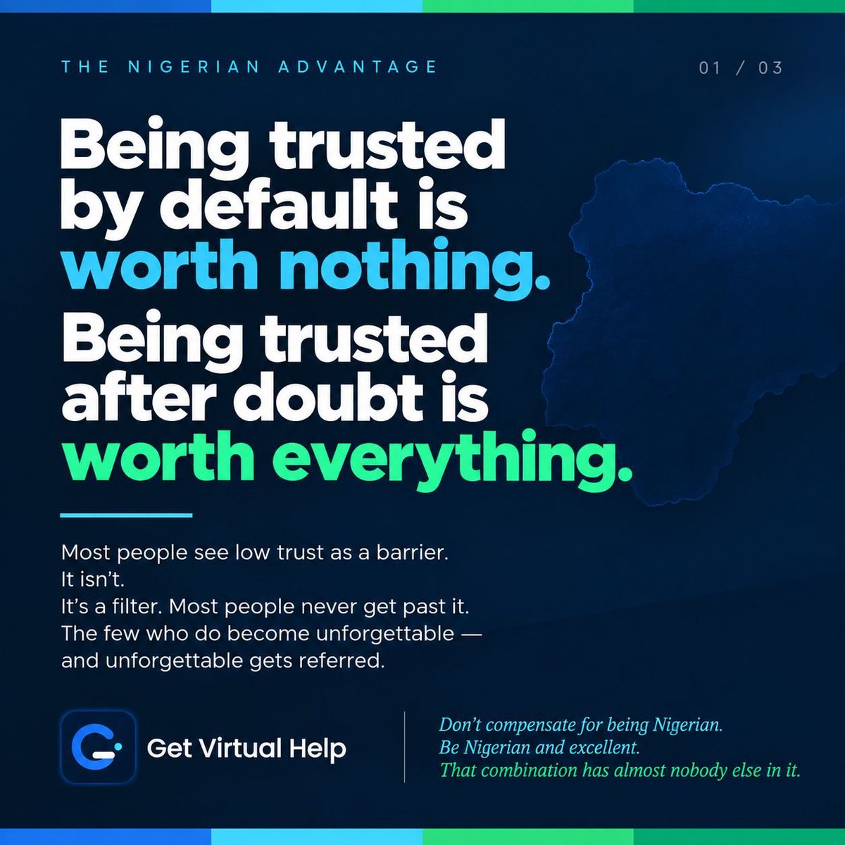 getvirtualhelp's tweet photo. Being Nigerian is not the disadvantage you were told it was.

Three flyers. Three reasons why.

Swipe. 👇 https://t.co/SlwJeah9yw
