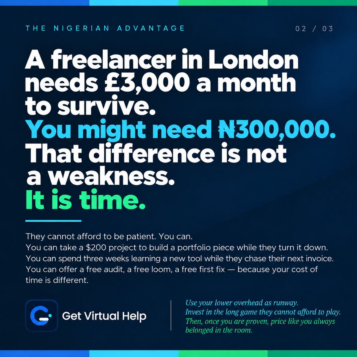 getvirtualhelp's tweet photo. Being Nigerian is not the disadvantage you were told it was.

Three flyers. Three reasons why.

Swipe. 👇 https://t.co/SlwJeah9yw