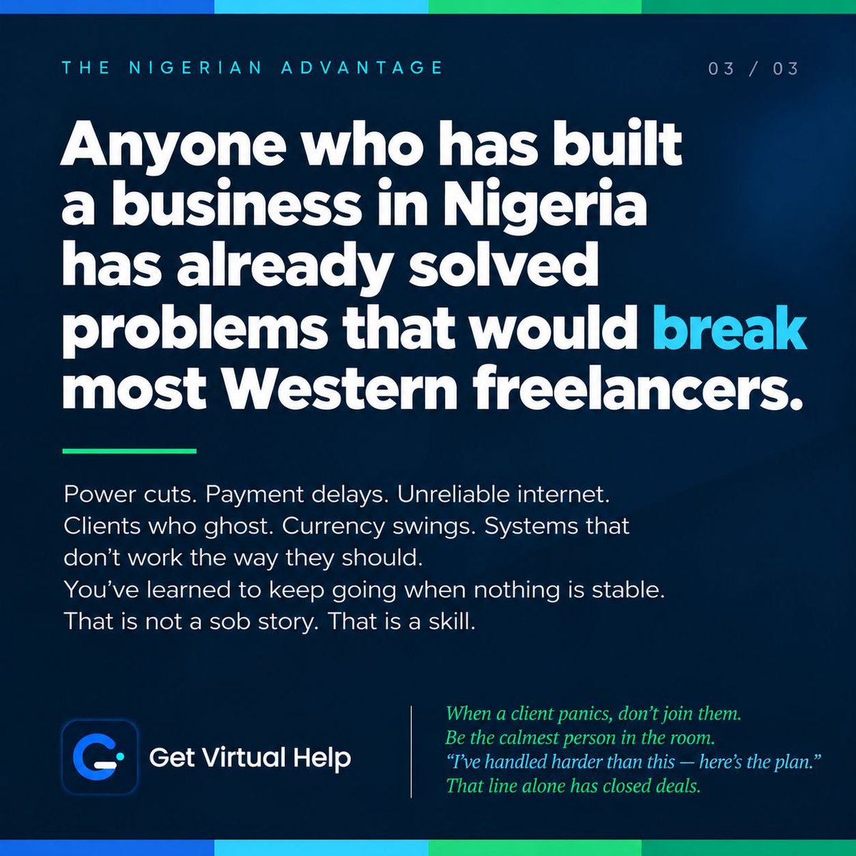 getvirtualhelp's tweet photo. Being Nigerian is not the disadvantage you were told it was.

Three flyers. Three reasons why.

Swipe. 👇 https://t.co/SlwJeah9yw