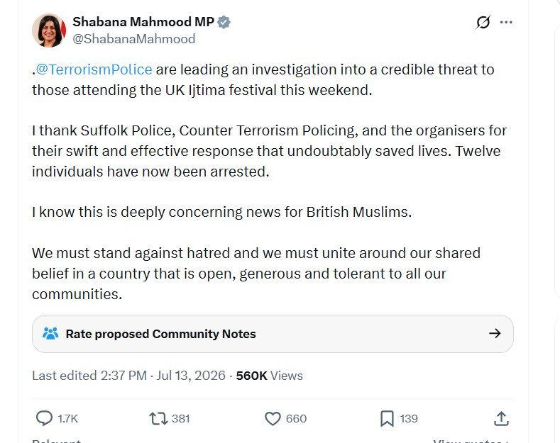 BenGrahamUK's tweet photo. @ShabanaMahmood Your rhetoric is noticeably very different compared to when there was a “credible threat” at the Ijtima Festival, Shabana.

Care to explain why? https://t.co/CBLp7CcI82