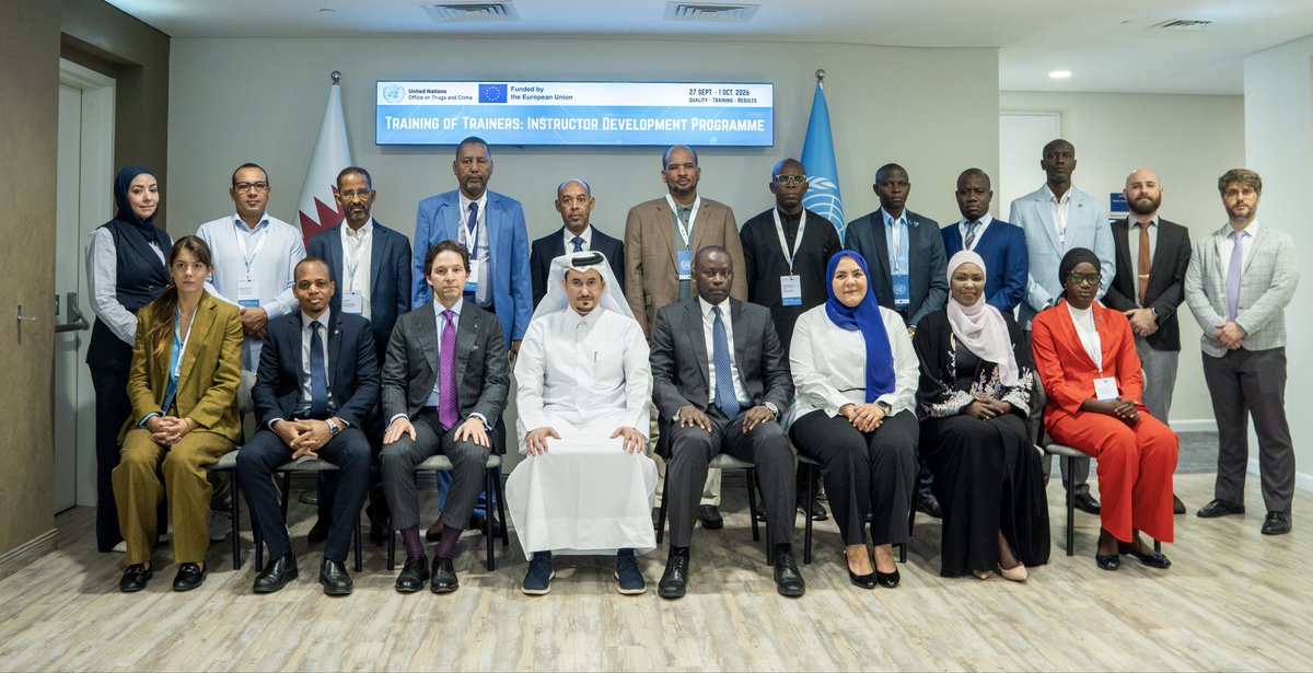EUAmbQatar's tweet photo. Pleased to participate this morning in the opening of the UNODC Training of Trainers, under the EU-funded Global Action on the Financial and Digital-Based Dimensions of Smuggling of Migrants.

🇪🇺 Proud to support stronger cooperation and capacities to combat migrant smuggling. #EUinQatar #UNODC