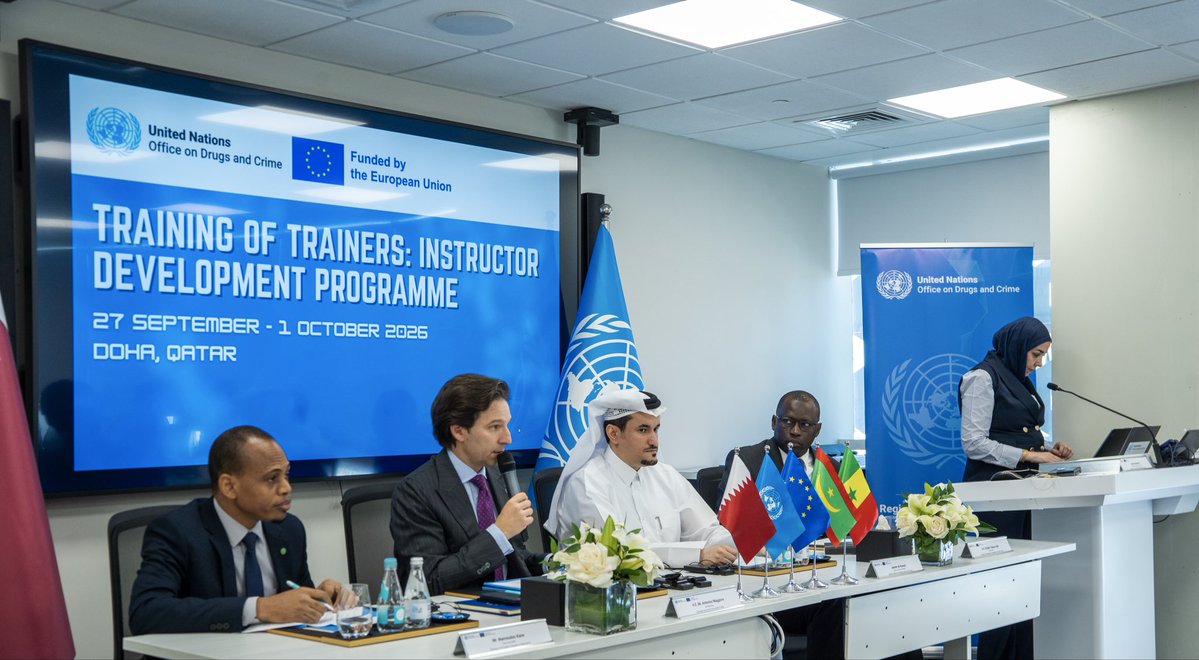 EUAmbQatar's tweet photo. Pleased to participate this morning in the opening of the UNODC Training of Trainers, under the EU-funded Global Action on the Financial and Digital-Based Dimensions of Smuggling of Migrants.

🇪🇺 Proud to support stronger cooperation and capacities to combat migrant smuggling. #EUinQatar #UNODC