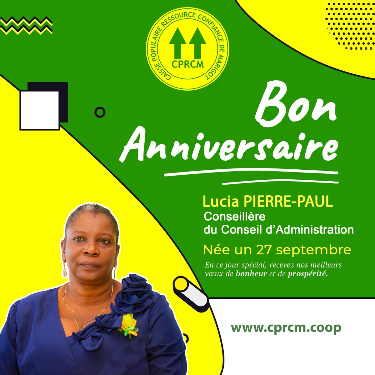 CPRConfiance's tweet photo. Joyeux Anniversaire à Madame Lucia Pierre-Paul, conseillère du Conseil d’Administration de la Caisse Populaire Ressource Confiance. 

#CPRCM #BonAnivèsè #Anniversaire https://t.co/mv7jpqN6yL