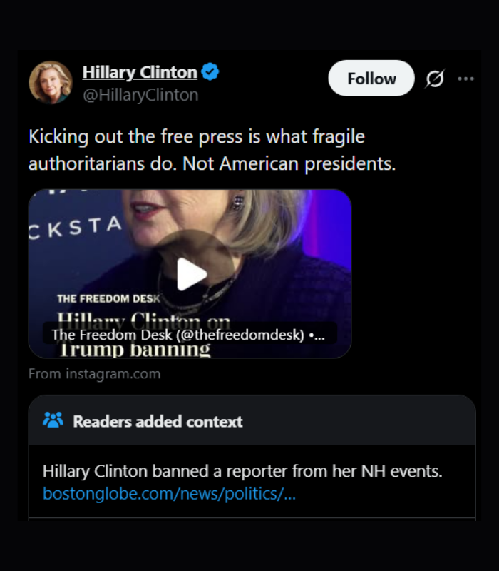 EricLDaugh's tweet photo. 🚨 LMFAO! Hillary Clinton tried going after President Trump and got pummeled by Community Notes AGAIN

HILLARY: "Kicking out the free press is what fragile authoritarians do. Not American presidents!"

NOTE: "Hillary Clinton banned a reporter from her NH events." 💀

Nobody likes her. She's a full-on hypocrite and only says it to attack Trump

She was never fit to be president! If she won in 2016, she would've STONEWALLED ANY independent voices and new media from the White House — guaranteed

Trump is the most transparent president in history.
