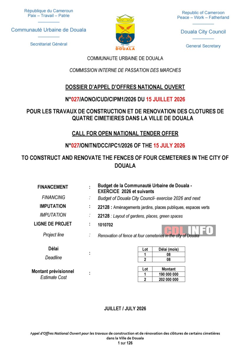 MrRockFeller's tweet photo. 🛑Communauté Urbaine de Douala .

392.000.000 fcfa pour la construction et rénovation  des clôtures de 4 cimetières à savoir : BONADIBONG, Ndokoti , Bois des Singes et Logbessou.

Ce qui équivaut à  98 Millions FCFA par cimetière .

©CDL INFO. https://t.co/5AzQhK2Hz3