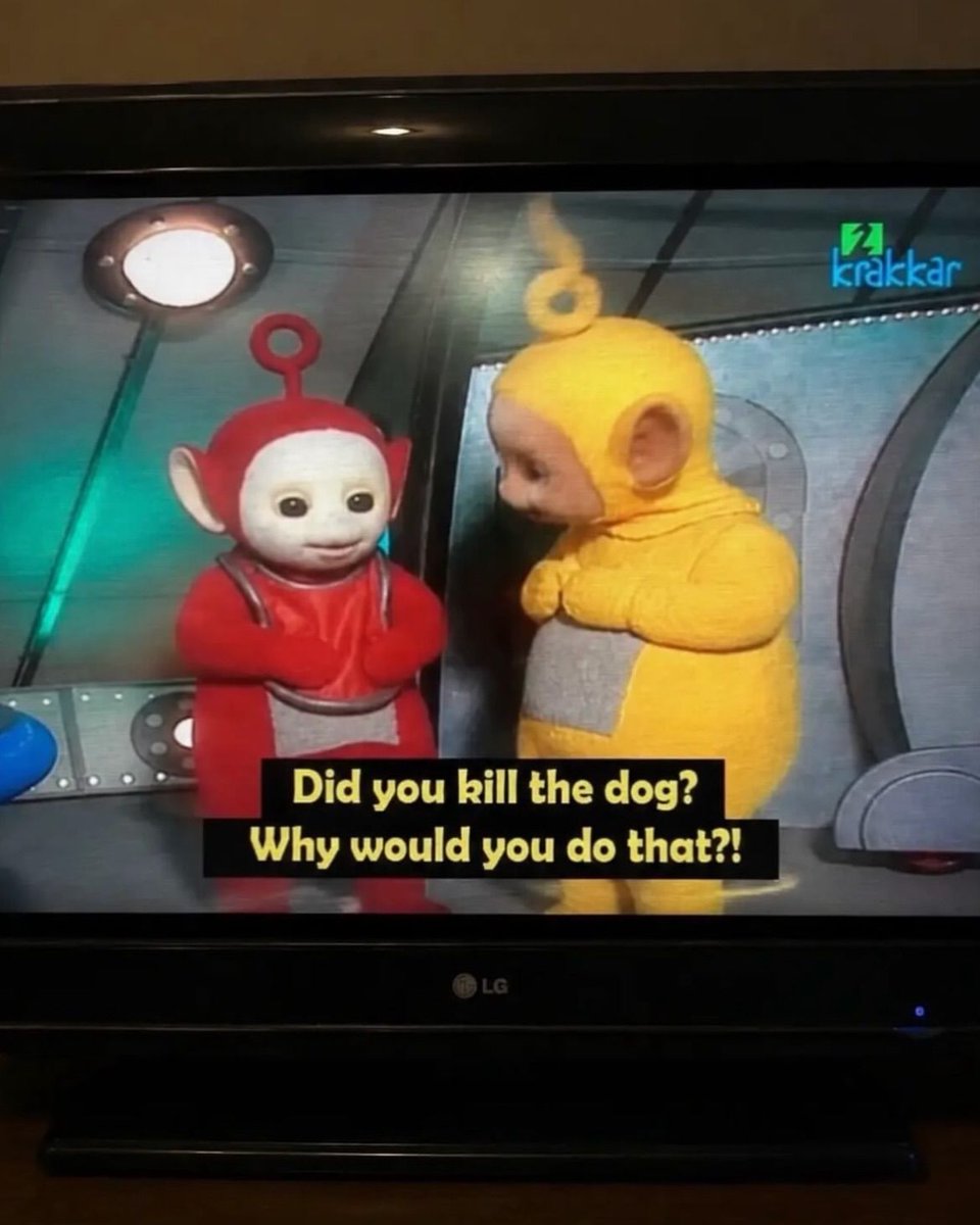 internetpreai's tweet photo. when teletubbies accidentally aired with subtitles from the sopranos (2012)

the technical error happened on icelandic television station stöð 2, which mistakenly displayed icelandic subtitles from the sopranos over an episode of the children’s show.

the subtitles came from christopher moltisanti’s intervention scene in the season 4 episode “the strong, silent type,” resulting in the teletubbies appearing alongside dialogue about drug addiction, s*x and the accidental death of adriana’s dog.